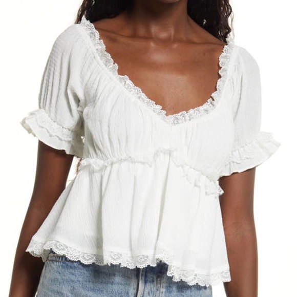 ARULA Tops - ARULA White Lace Accent Blouse Boho Country Chic Babydoll Summer Feminine Size B
